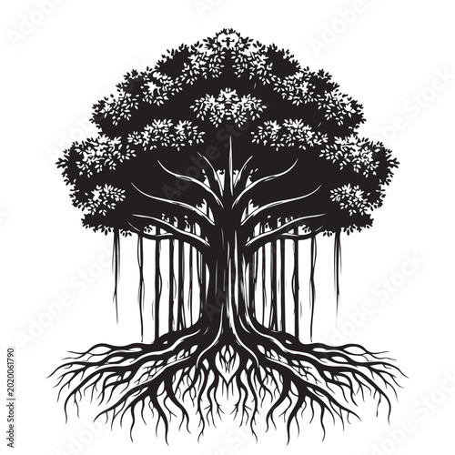 Fotografija Banyan tree vector illustration with extensive roots and dense canopy