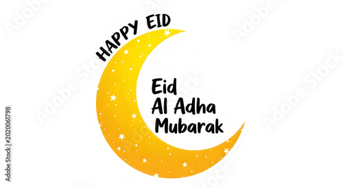 Happy Eid Al Adha Mubarak greeting card with crescent moon stars isolated transparent background
