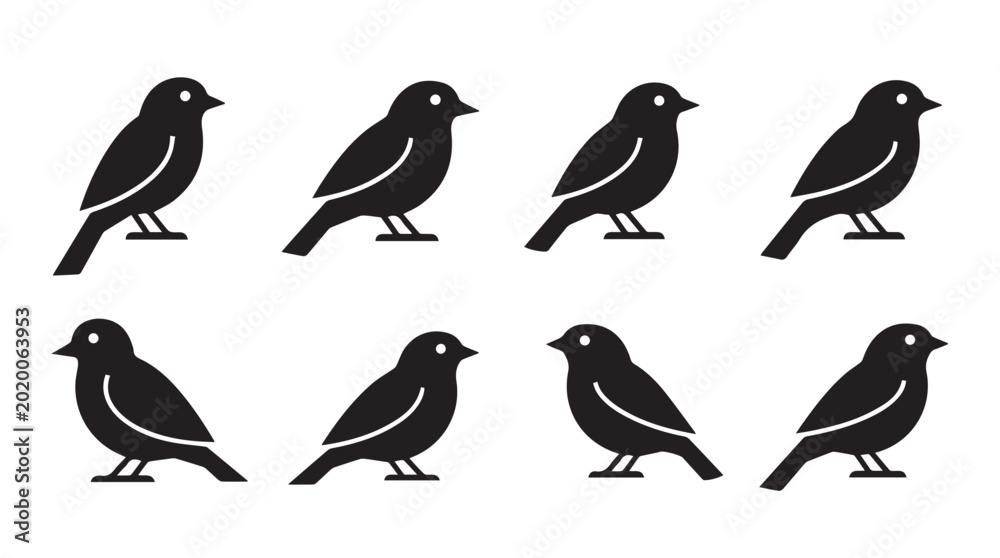 Obraz premium Eight small bird silhouettes perched against a bright white background representing unity and simple design elements
