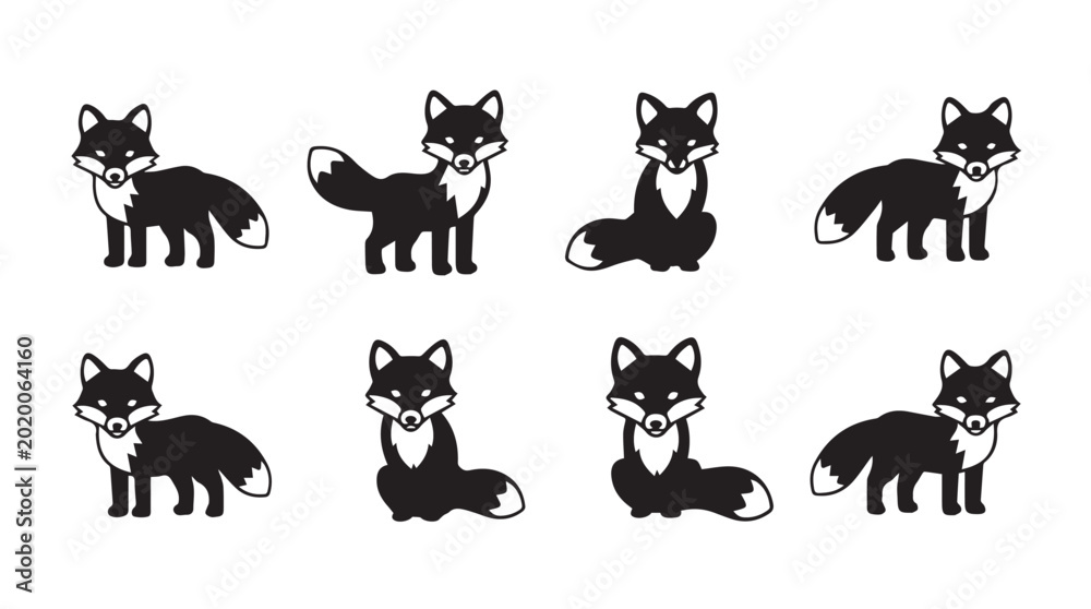 Obraz premium Eight stylized fox silhouettes in various poses against a white background symbolizing nature and wildlife