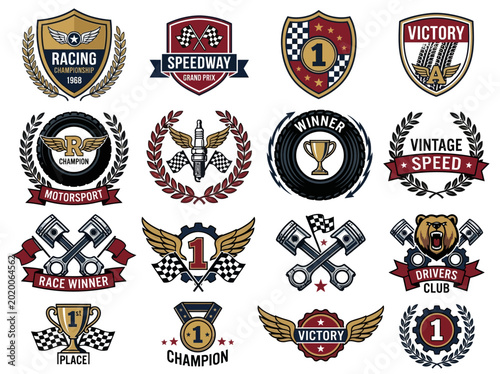 Vintage racing championship emblem set: automotive badges, speed symbols, and victory awards. Classic motorsport graphics.