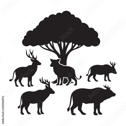 Photography Black silhouettes of wild animals including deer, elk, wolf, and buffalo under a tree