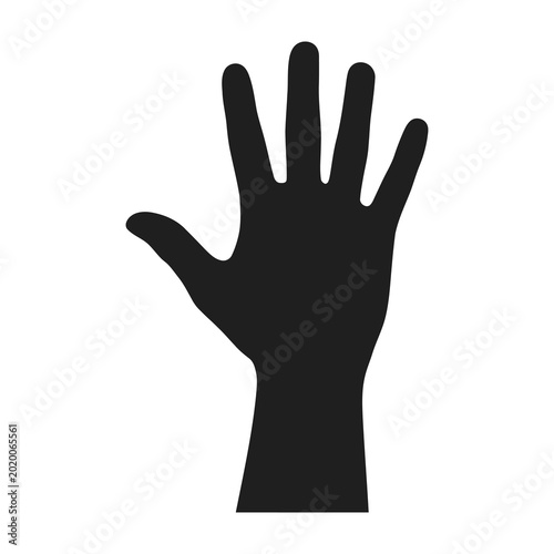 Black silhouette of a human hand with palm facing outward and fingers spread apart on white background