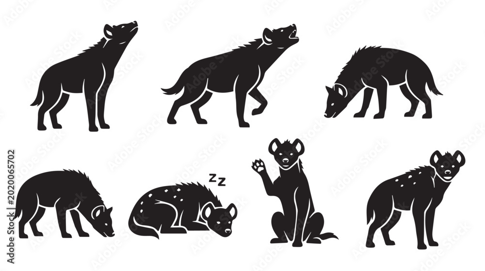 Obraz premium Hyena silhouettes in various poses against a white background for conceptual use