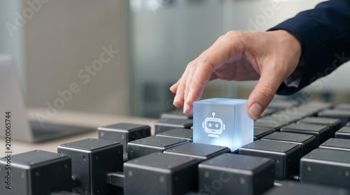 Human hand placing a glowing chatbot cube onto a grid of devices, symbolizing AI integration and technology adoption.