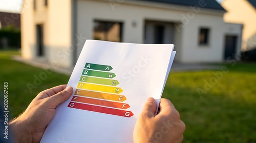 A person inspecting an energy efficiency rating document in front of a modern house, promoting eco-friendly practices
