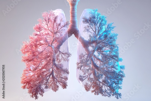 Educational 3D depiction of respiratory system focusing on lungs, trachea, and alveoli for medical learning