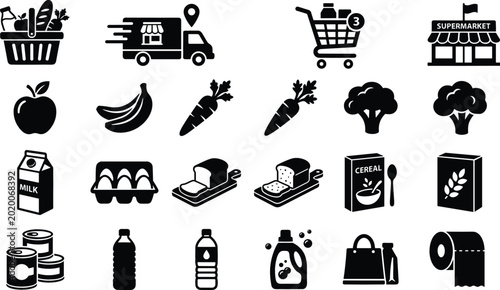 Supermarket grocery shopping icon set with fresh produce food delivery truck market storefront and daily household essential vector elements