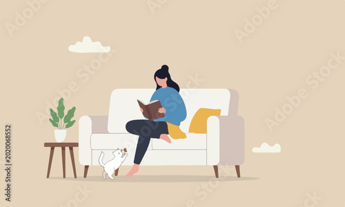 Foto Relaxation lifestyle home or calm, cosy wellbeing or enjoy reading books, positi
