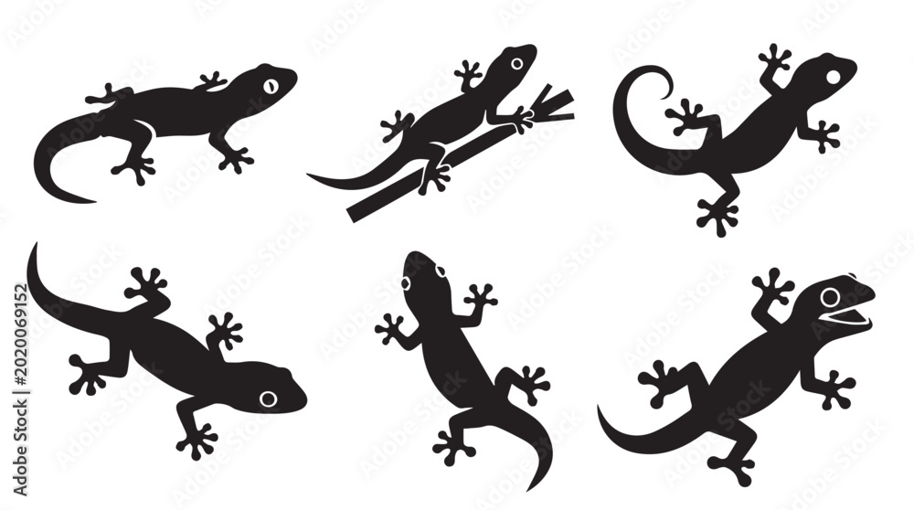 Fototapeta premium Six diverse gecko silhouettes against a bright white backdrop in a clean graphic style