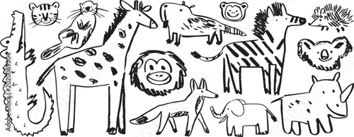 Photography A collection of cute cartoon animals in black and white