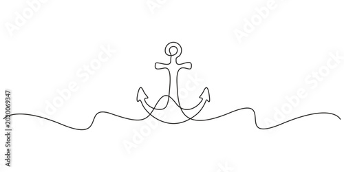Konstfotografi Anchor line art continuous single line drawing of nautical symbol on ocean wave