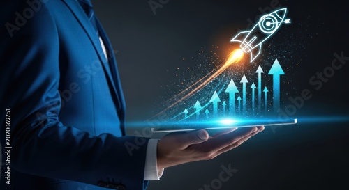 Business Growth Rocket Launching Upward Arrows on Tablet.