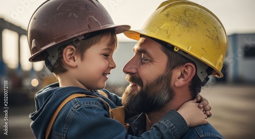 Father and Son Bonding on Construction Site Wearing Hard Hats.