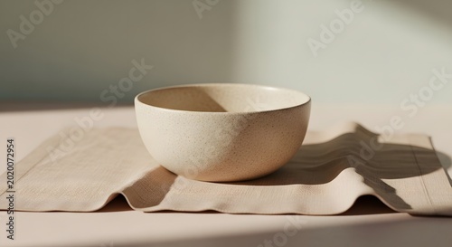 Ceramic bowl on linen table runner minimalist tableware still life