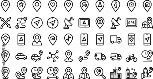 Collection of black and white line icons for navigation mapping and location based services