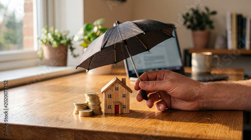 A hand protecting a miniature house with an umbrella, symbolizing insurance and financial security