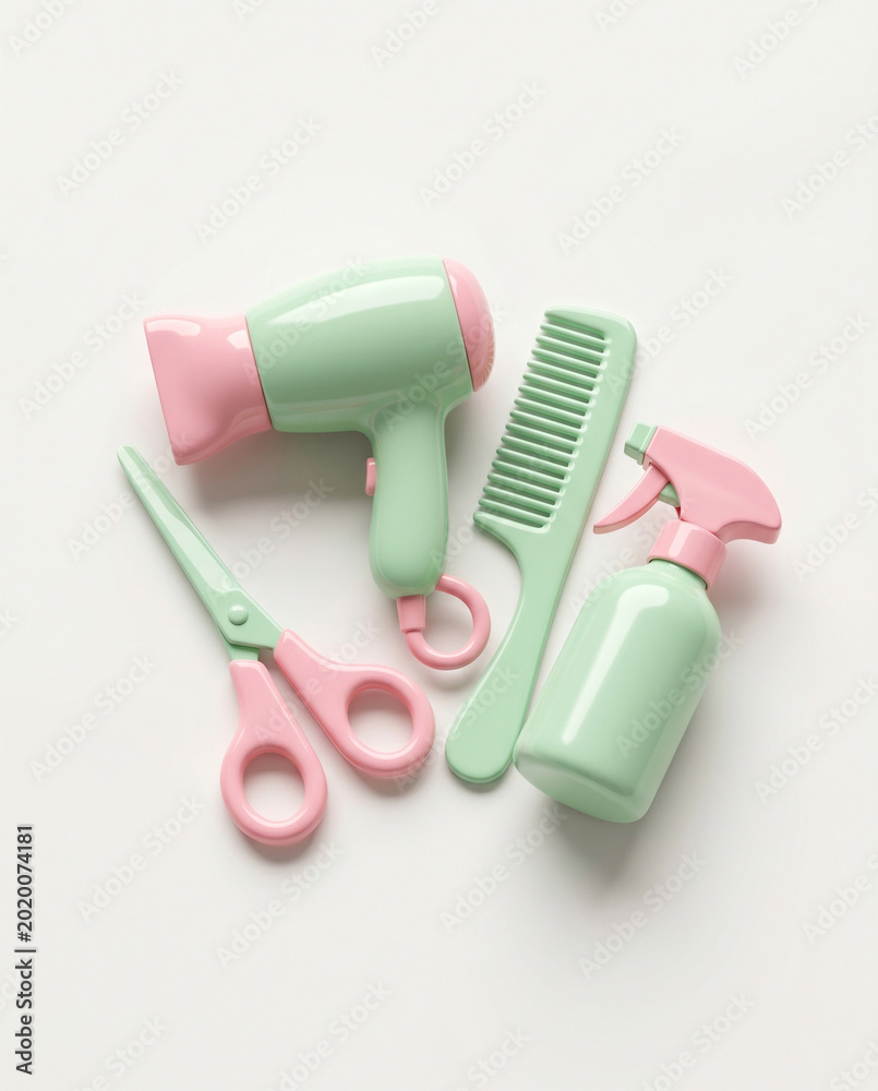 Fototapeta premium Set of professional hairdressing tools including hairdryer scissors comb and spray bottle in pastel tones