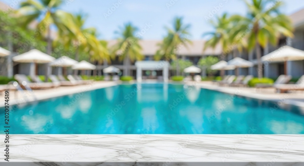 Fototapeta premium Luxury Resort Swimming Pool with Palm Trees and Lounge Chairs.