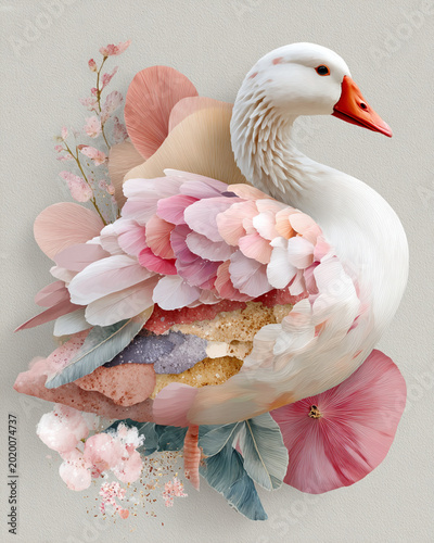 Elegant Swan with Floral Plumage in Pastel Tones, Surreal Animal Art for Home Decor, Digital Collage with Pink Petals and Textured Background, Unique Wildlife Illustration