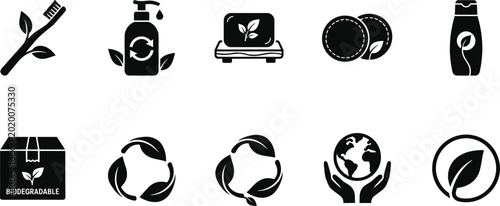 Zero waste and eco friendly bathroom cosmetics icon set with sustainable personal care products biodegradable packaging and organic labels vector elements