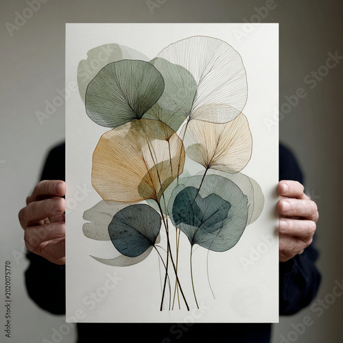 Botanical Abstract Art Print with Minimalist Translucent Leaves Held by Hands for Modern Home Decor