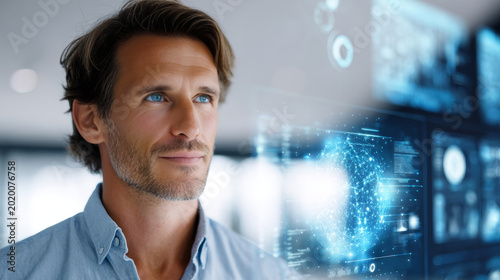 Confident businessman looking at futuristic digital interface with data visualization and holographic screens. Modern technology and innovation inspire his vision for the future