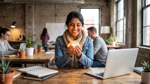 Woman at Desk Reflecting Success