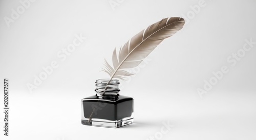 Vintage Quill Pen and Inkwell on a White Background.