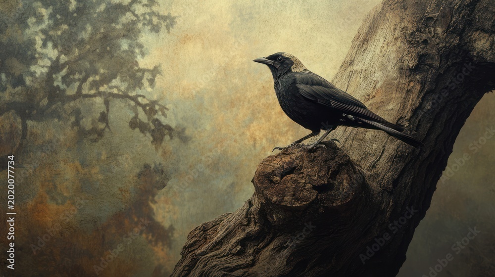 Fototapeta premium Bird perched on weathered tree branch, evocative autumnal background