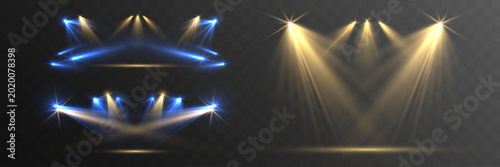 Картината върху платно Set of blue and golden concert stage spotlights with glowing beams and illuminated floor effects isolated on transparent background for event and show design