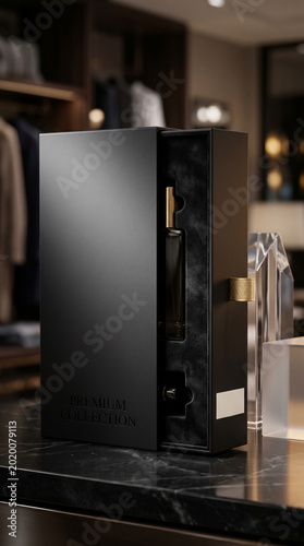 A black box opens to reveal a glass perfume bottle inside. The setting is a stylish store with clothing items displayed in the background. The scene shows elegance and luxury.