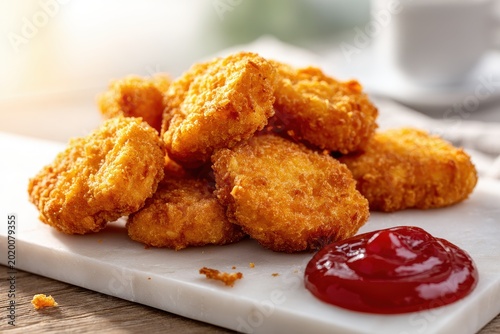 Golden chicken nugget bites arranged on a white board with dipping sauce
