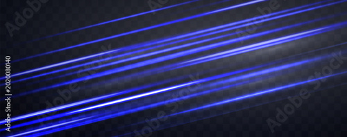 Abstract speed background, luminous light rays and neon beam trails, blue hues with fast motion blur effects and glowing energy streaks. Vector illustration.