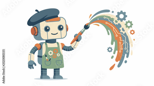 Cute Robot Artist Painting Colorful Digital Circuitry and Gears