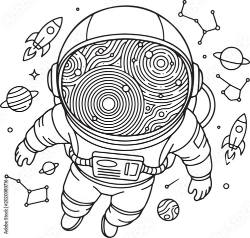Retro-Futuristic Astronaut Line Art – Surreal Space Exploration with Planets, Rockets, and Constellations