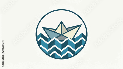 Geometric Abstract Vector Illustration of a Paper Boat Floating on Stylized Zigzag Waves in a Circle Frame
