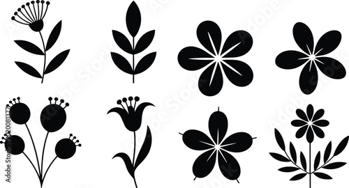 Bild auf Leinwand Floral silhouette icons set featuring decorative flowers blossoms and botanical