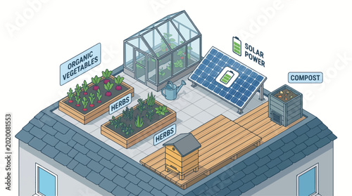 Isometric Rooftop Garden with Solar Panels, Greenhouse, and Sustainable Urban Farming Elements