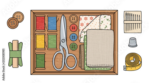 Flat Vector Illustration of a Wooden Sewing Kit Organizer with Thread Spools, Scissors, Fabric, and Tailoring Tools