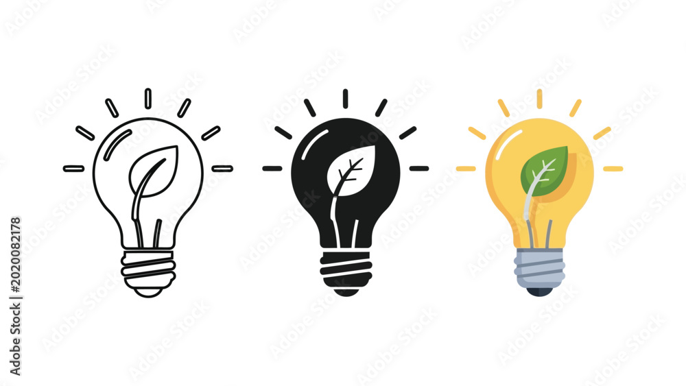 Photos Eco friendly light bulb vector illustration set with leaf inside