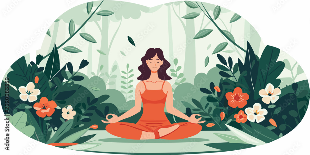 Ταπετσαρία woman meditating in a lush forest colorful illustration