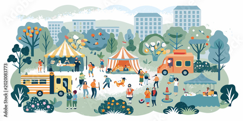 Photos vector illustration of a bustling city park with people and tents