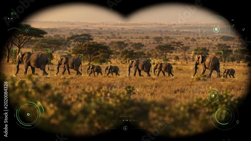 Advanced AI bio-tracking HUD overlay framing a herd of wild elephants on the African savanna, futuristic augmented reality interface for wildlife conservation and research