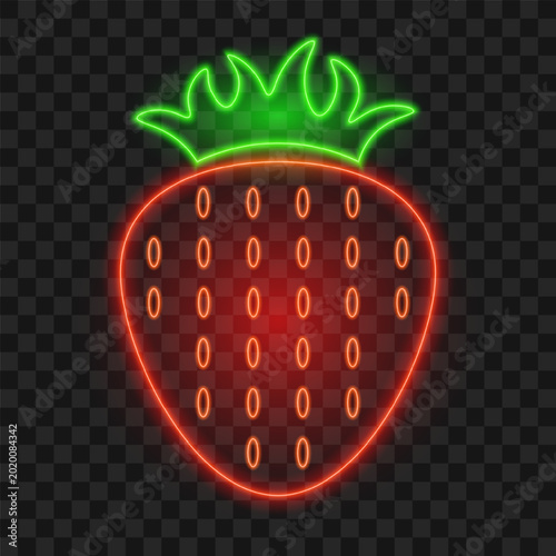 Red strawberry neon sign, vector illustration.