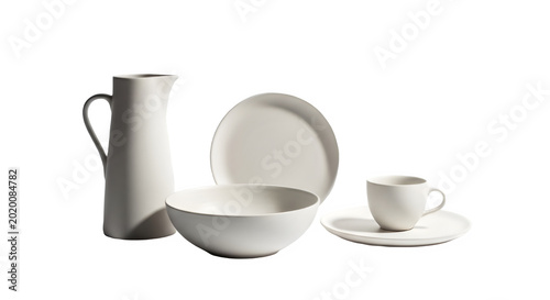 White ceramic tableware set with pitcher bowl plate and cup isolated on transparent background