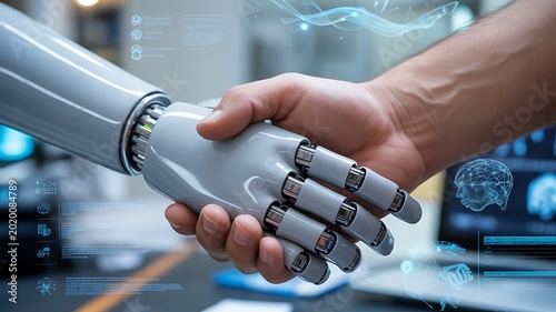 Handshake of robot and human, AI, Machine learning, AI adoption for working to Assistant of business, Data digital Transformation, Science and artificial intelligence technology for futuristic.