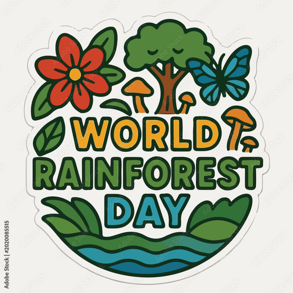 Fototapeta premium Colorful sticker design celebrating world rainforest day featuring a vibrant forest scene with flowers trees butterflies and mushrooms for nature lovers