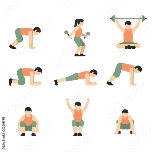 Fitness exercises performed by people in active workout poses  