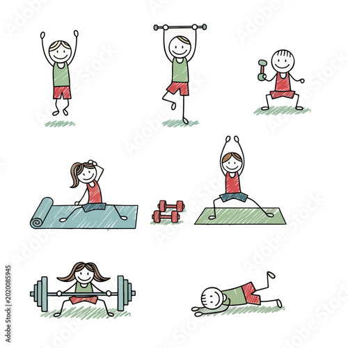 Various stick figures exercising with weights and stretching on mats  